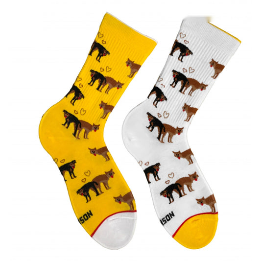 Yellow and white Doggy Love socks - pair with dog couples and hearts, front view