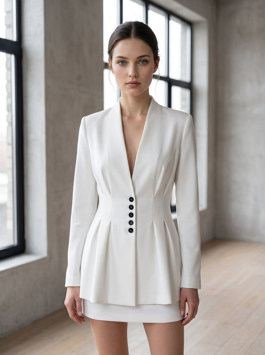 Suit "Ivy" white blazer mini dress - front view close-up