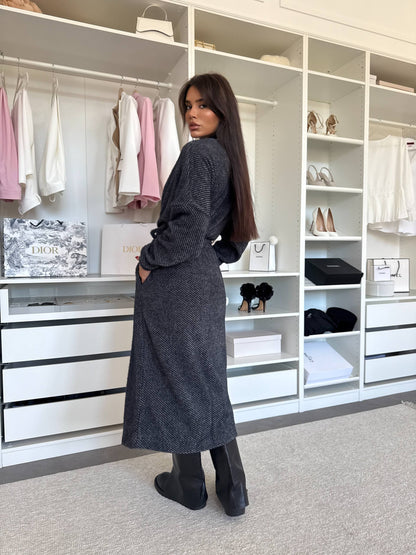 Charcoal gray ribbed knit long cardigan with tie belt, front view