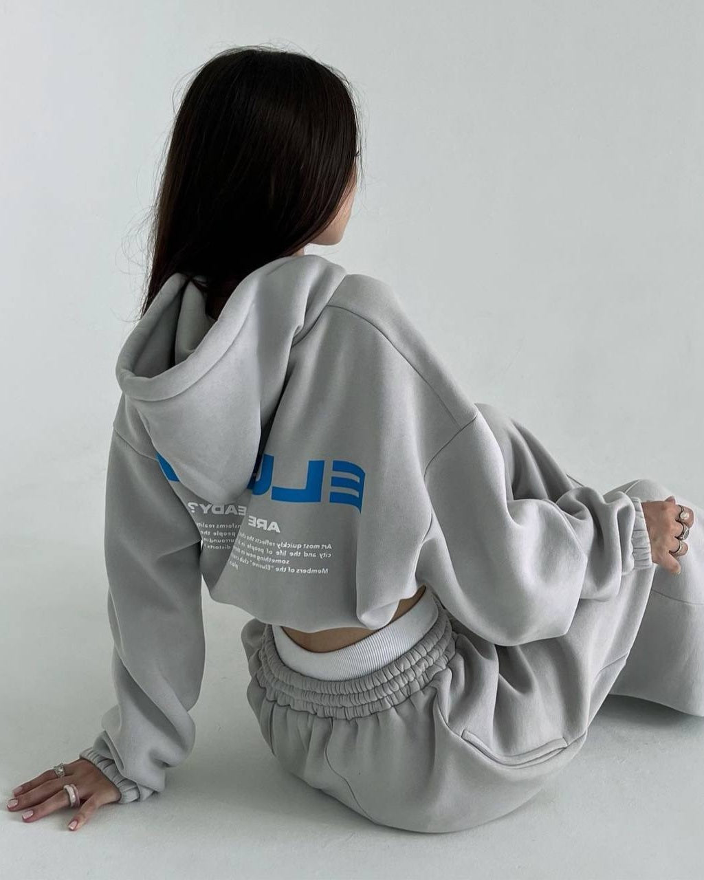 Gray cropped hoodie with blue back print and elastic cuffs - seated view from the back
