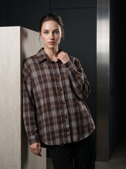 Brown plaid flannel overshirt, oversized relaxed fit for casual everyday wear, close-up front view