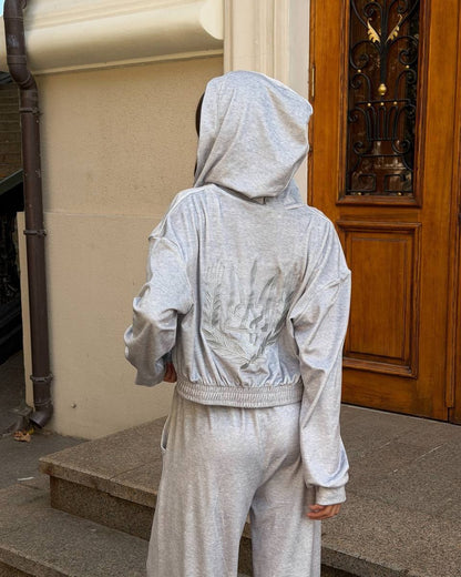 Grey melange velour tracksuit with embroidered trident and wheat wreath, oversized loungewear set, back view