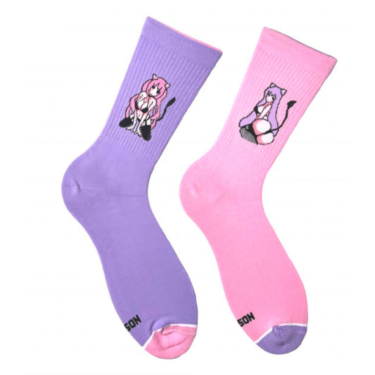 Anime Chan socks in purple and pink - pair of crew socks, front view