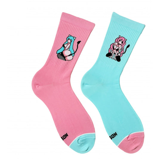 Anime Chan socks in turquoise and pink - pair of crew socks, front view