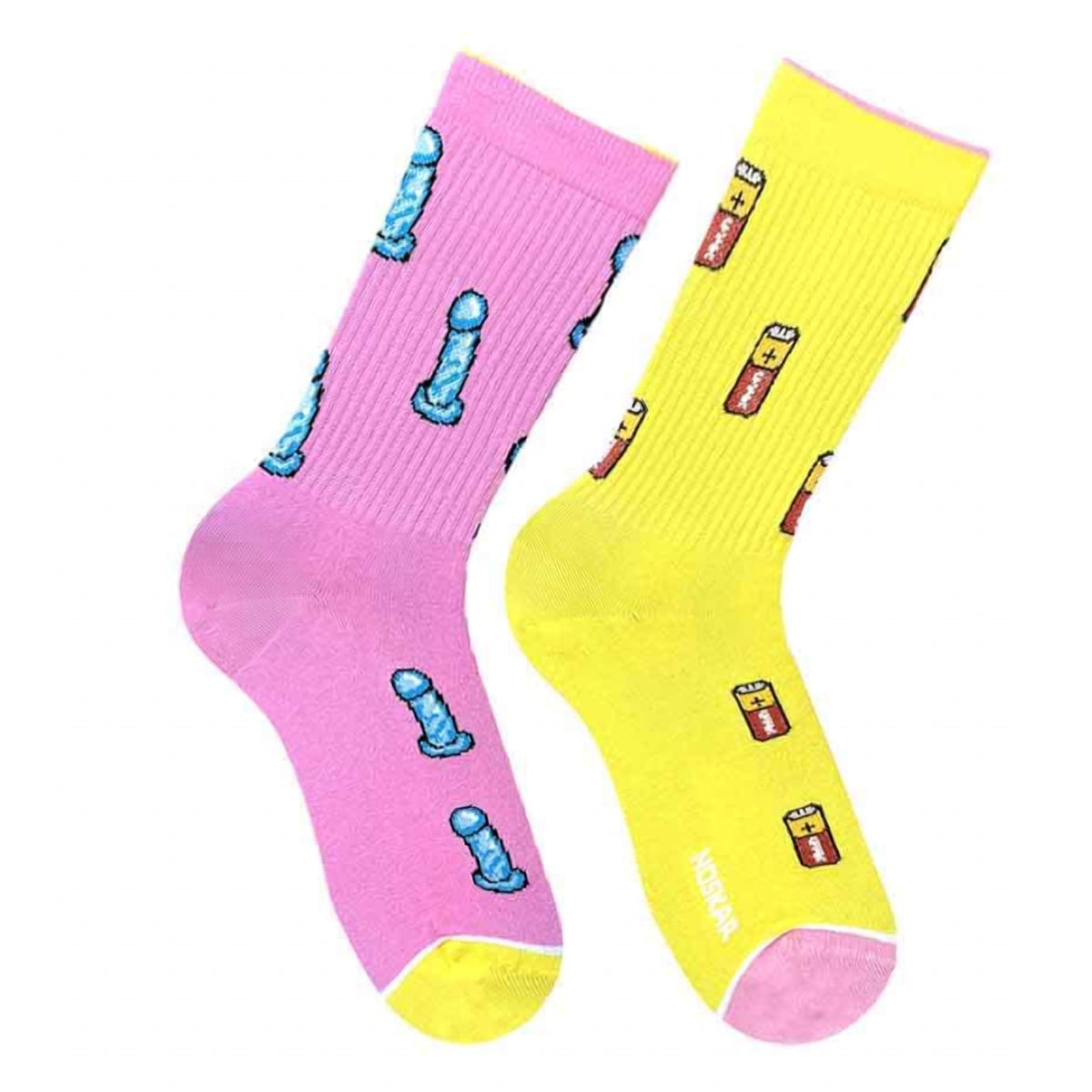 Batteries Included socks - pink and yellow pair with battery pattern, front view