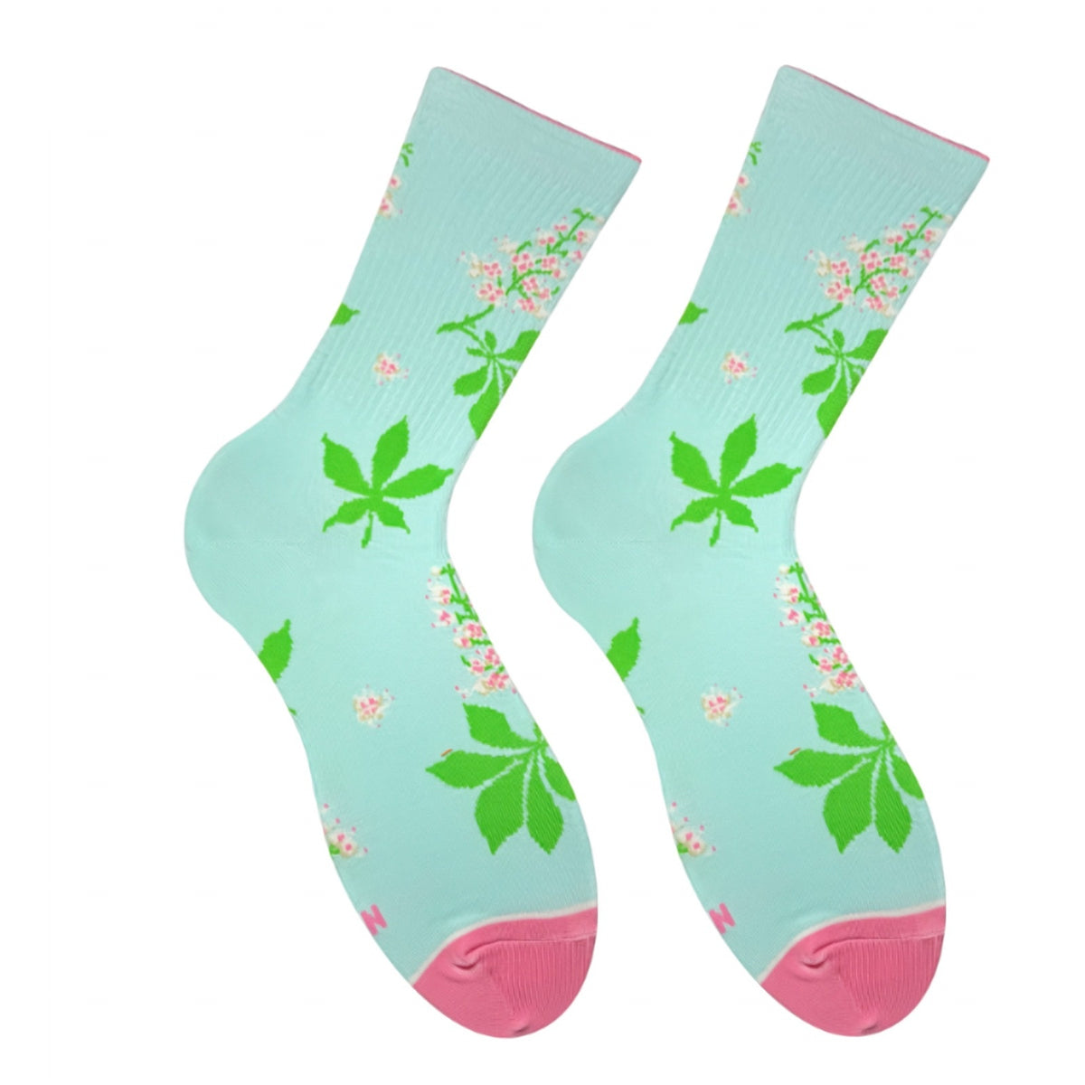 Mint Chestnut Blossom socks - pair with green leaves and pink blossoms, pink toes, front view