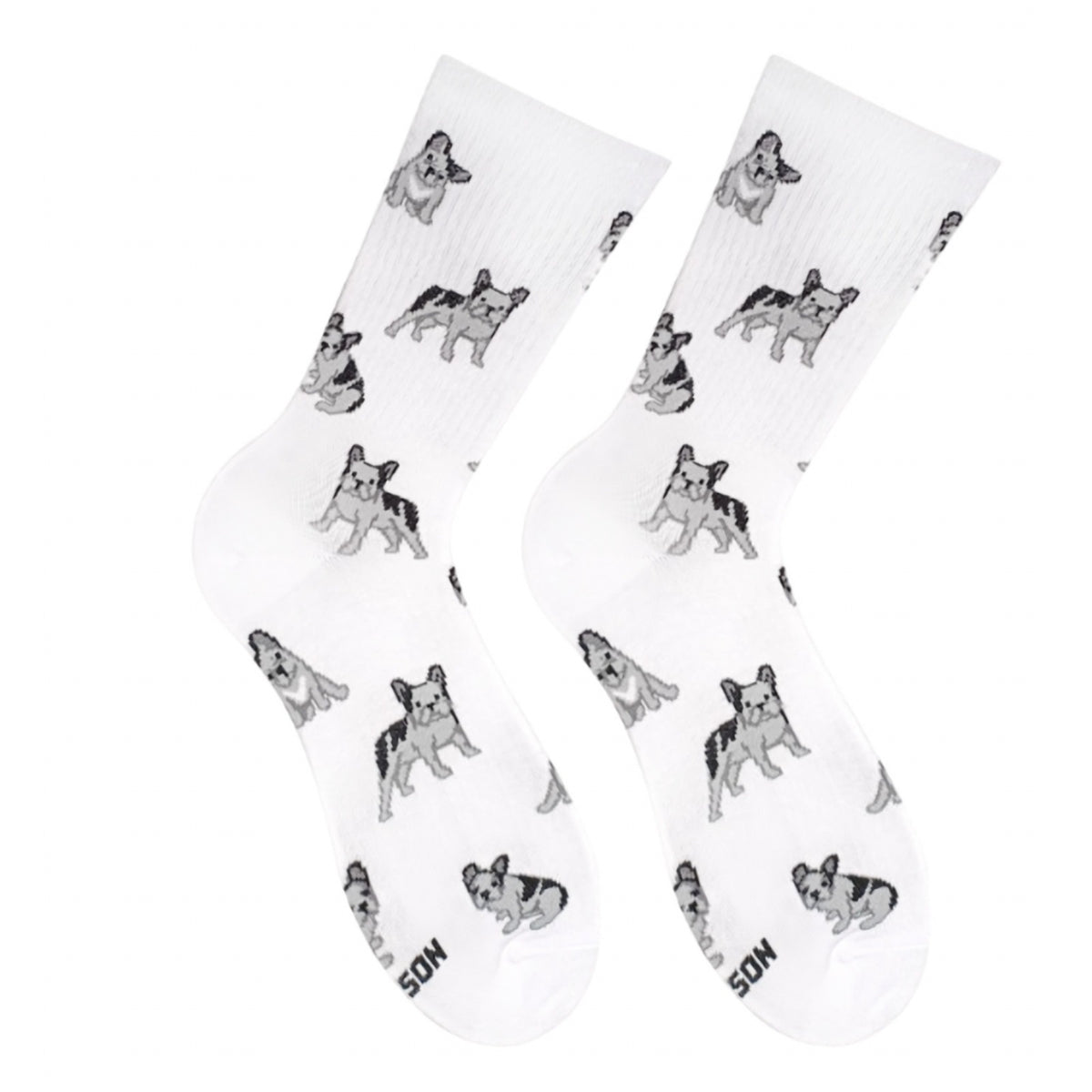 White French Bulldog socks - pair with embroidered bulldog design, front view