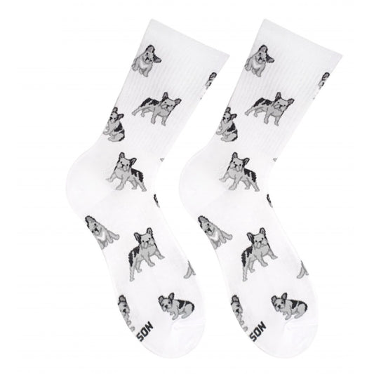 White French Bulldog socks - pair with embroidered bulldog design, front view