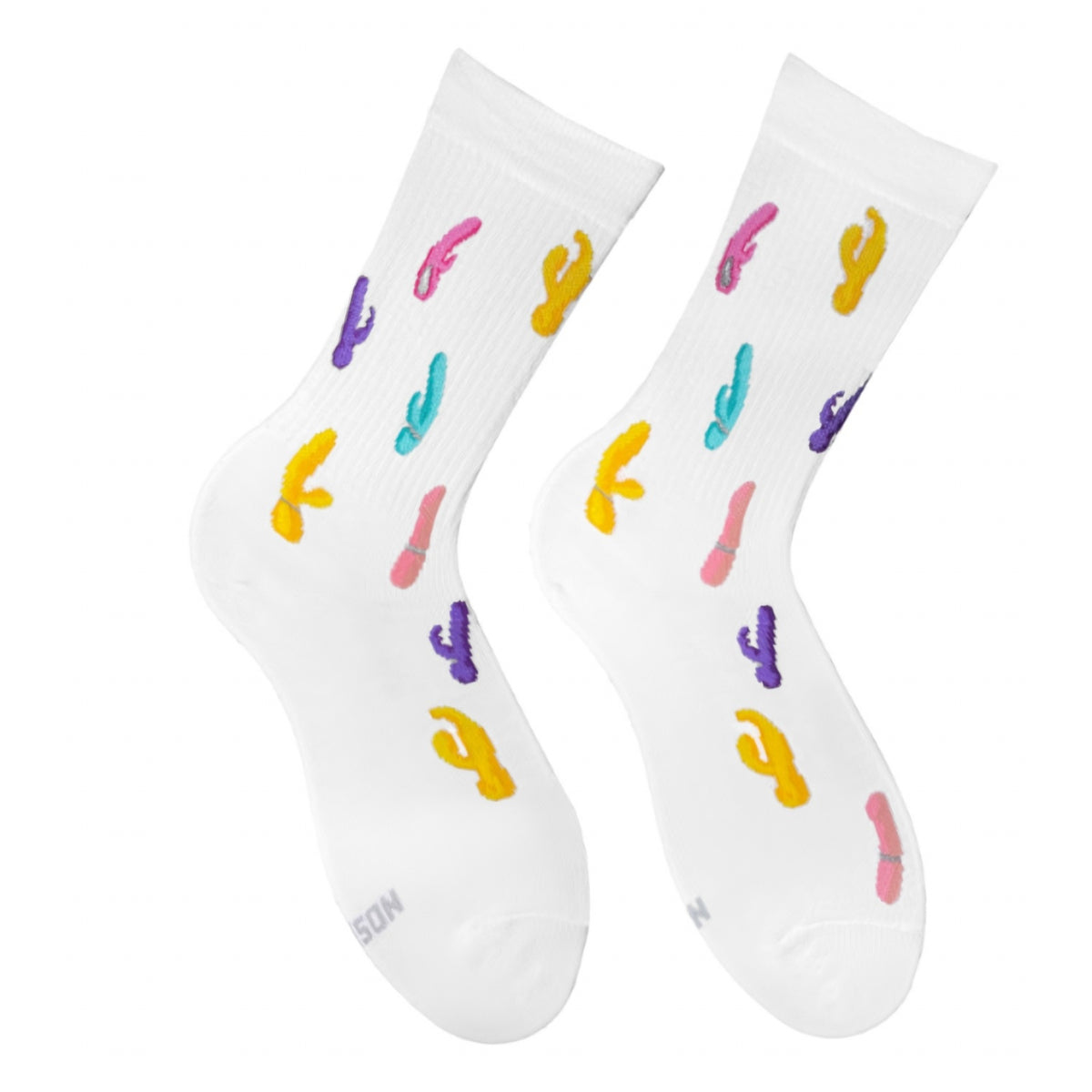 White Buzz Buzz socks - pair with playful embroidered design, front view