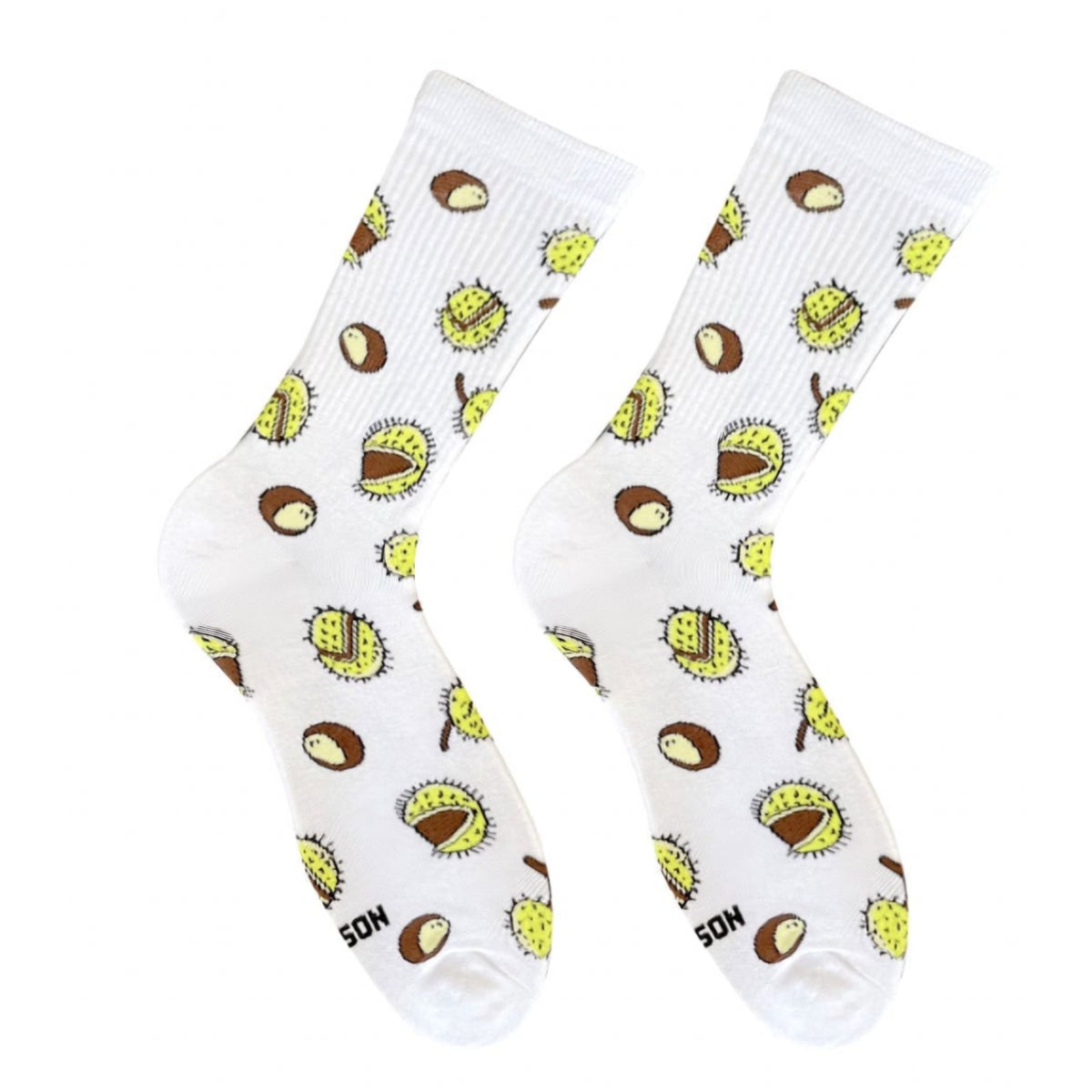 White Chestnuts socks - pair with chestnut husk and conker pattern, front view