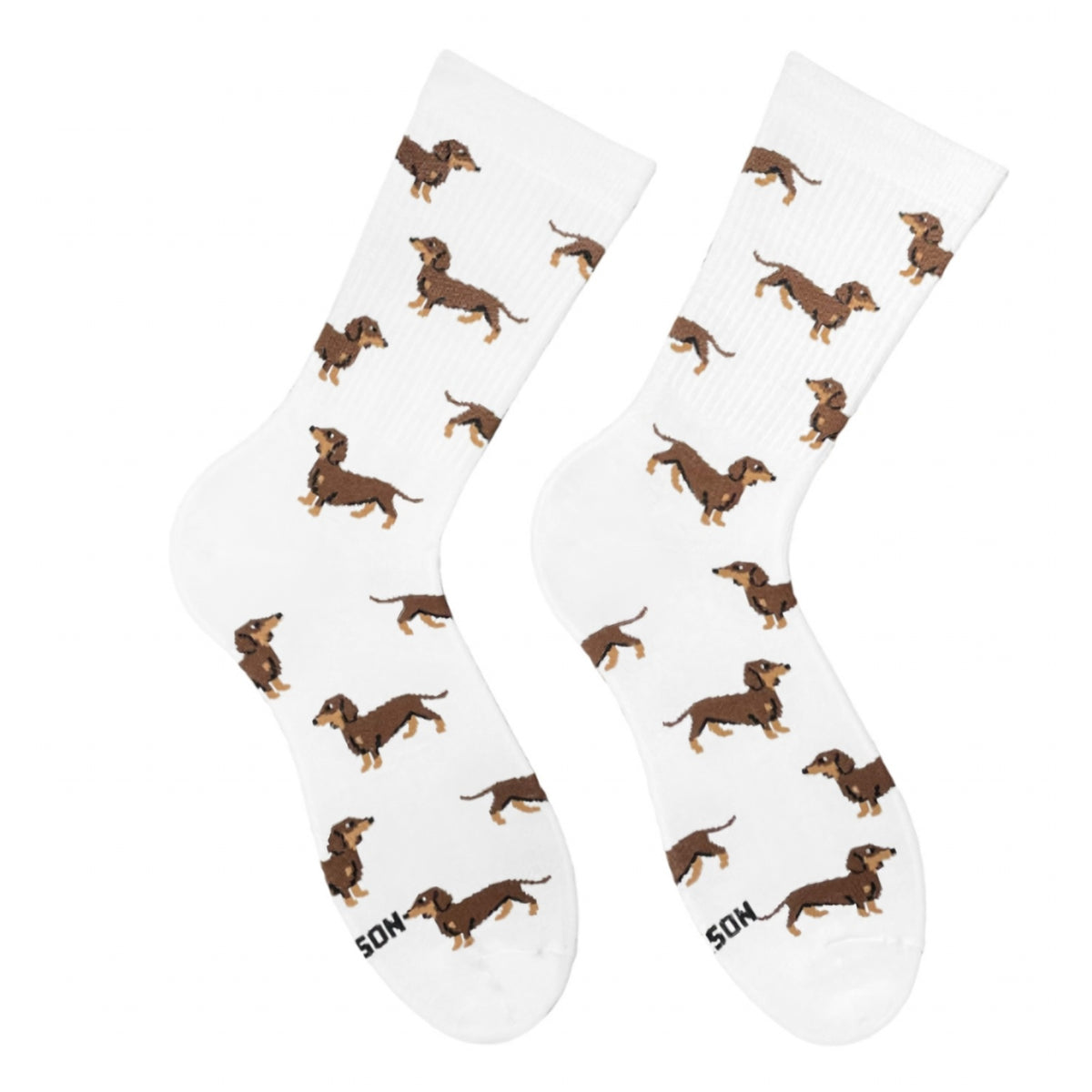 White Dachshund socks - pair with brown dachshund dogs pattern, front view