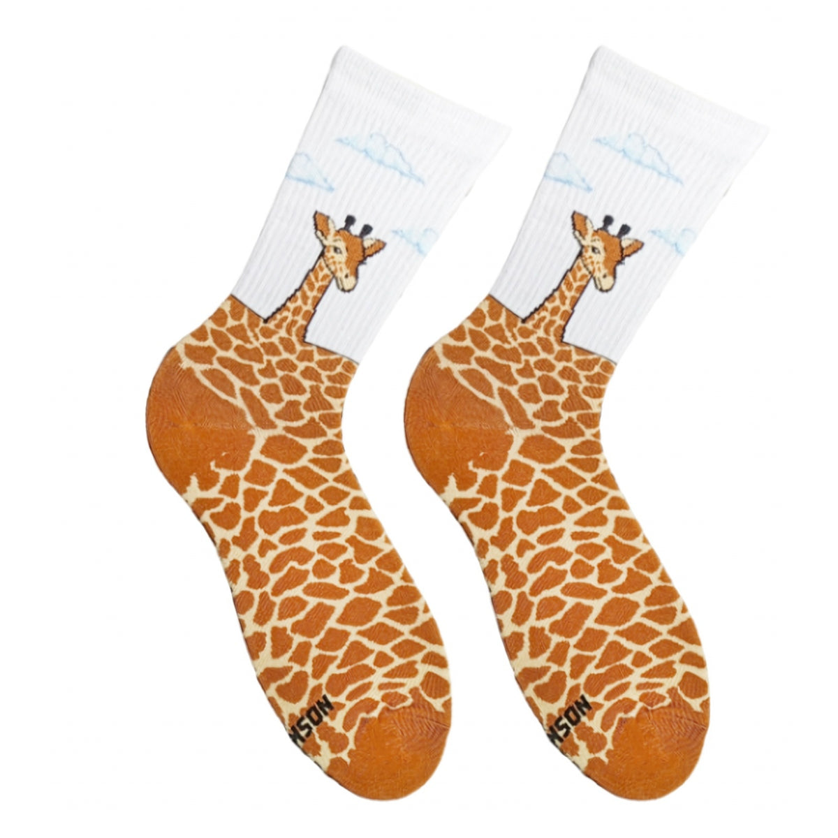 Giraffe socks - pair with giraffe head and orange spotted body, front view