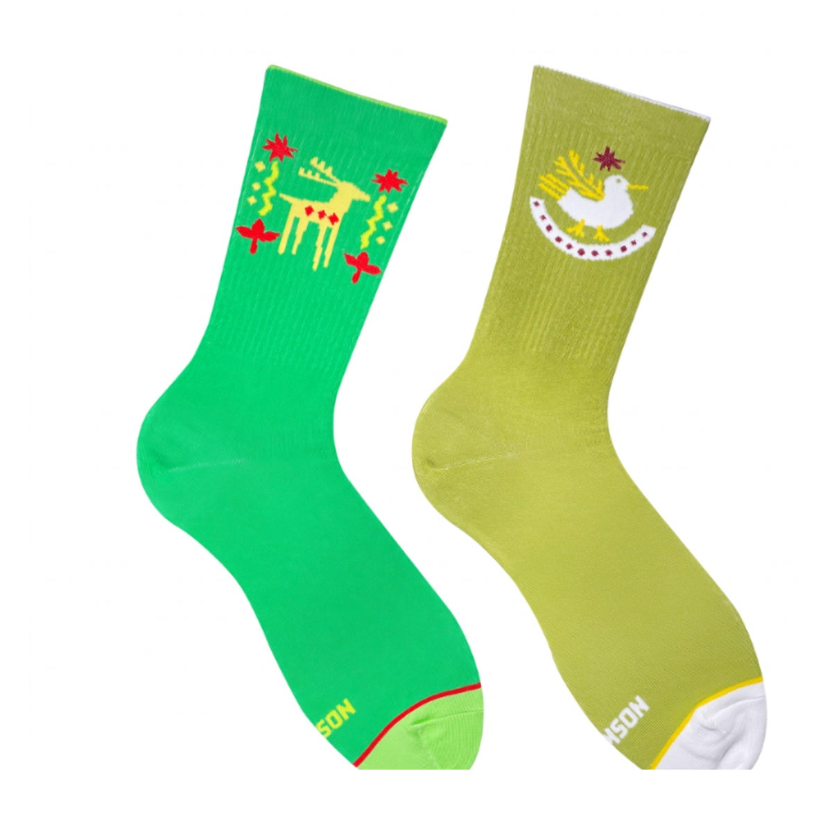 Green khaki ornament socks - pair with deer and dove folk pattern, front view