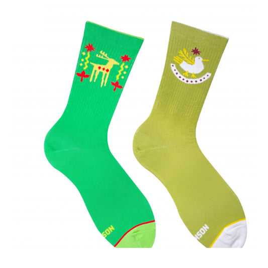 Green khaki ornament socks - pair with deer and dove folk pattern, front view