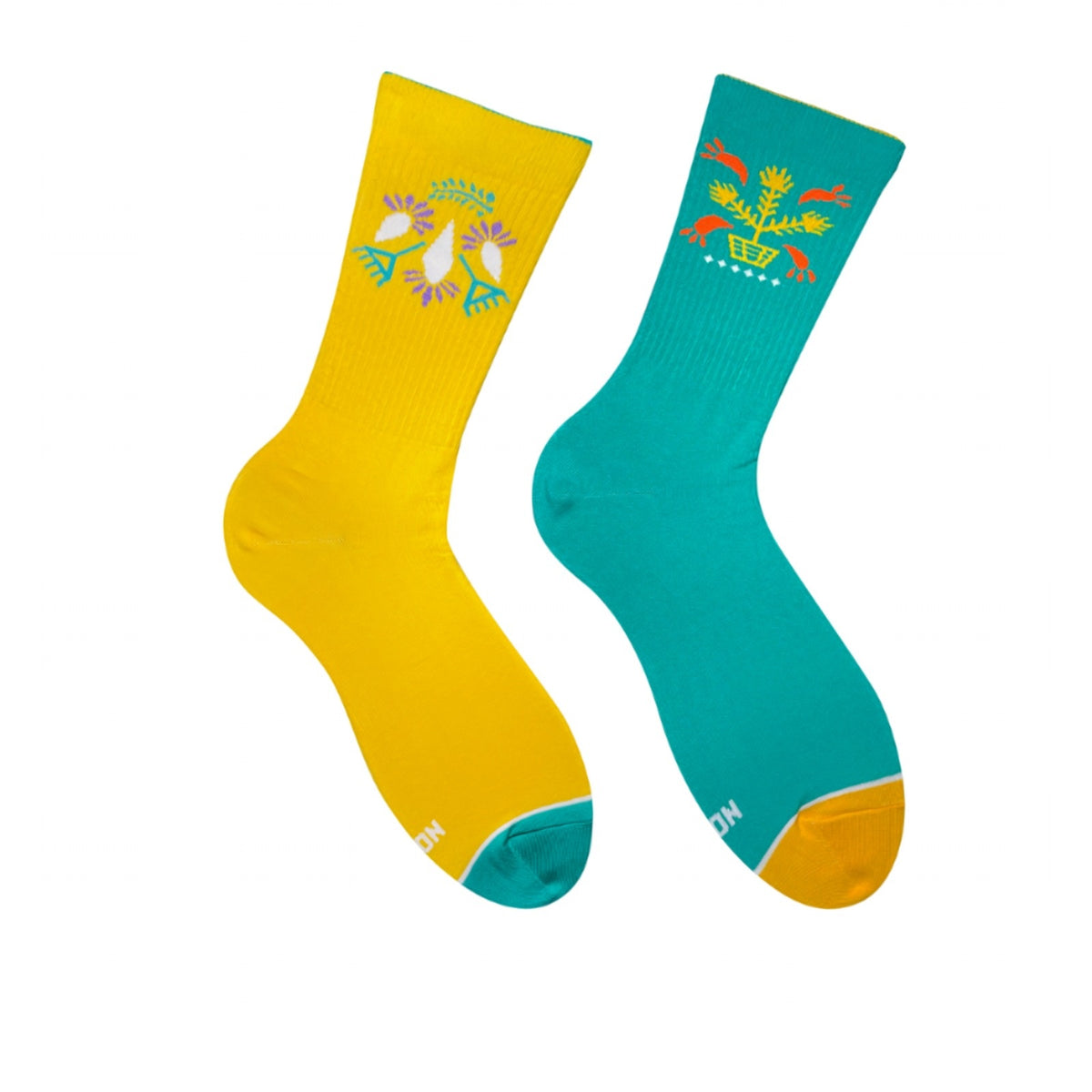 Yellow and turquoise ornament socks - pair with Ukrainian folk pattern, front view