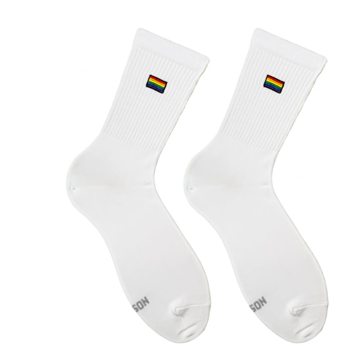 White Pride Embroidery socks - pair with small rainbow flag embroidery, front view