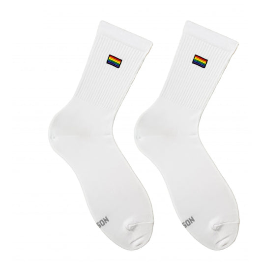 White Pride Embroidery socks - pair with small rainbow flag embroidery, front view