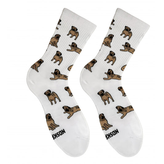 White Pug socks - pair with brown pug dogs pattern, front view