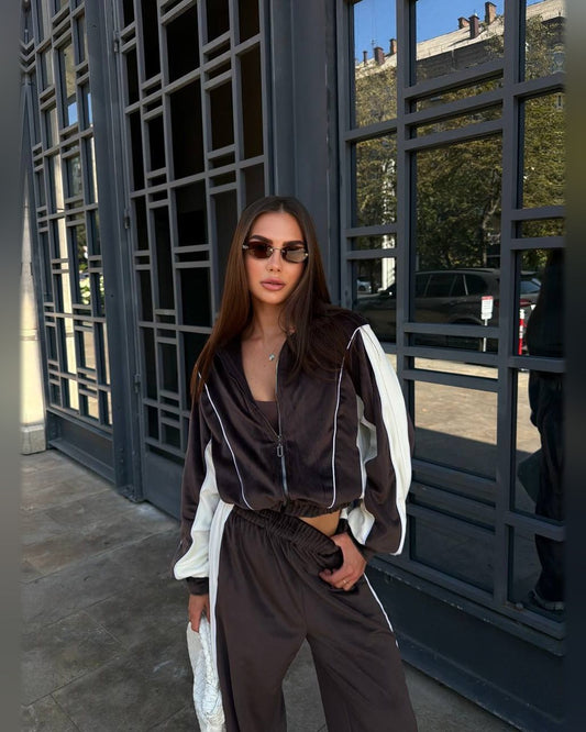 Chocolate brown and white velour tracksuit "Freay" - front standing view