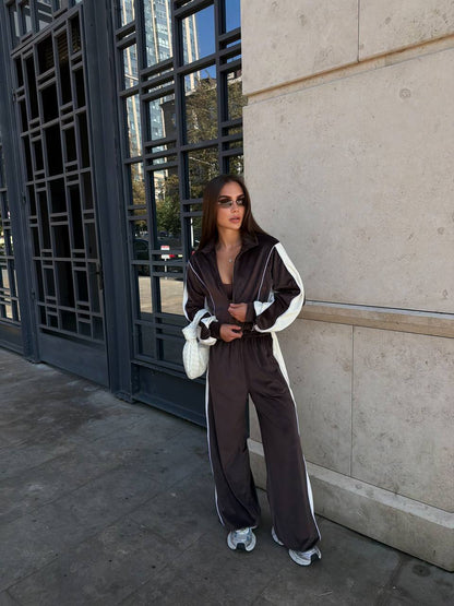 Chocolate brown and white velour tracksuit "Freay" - side standing view