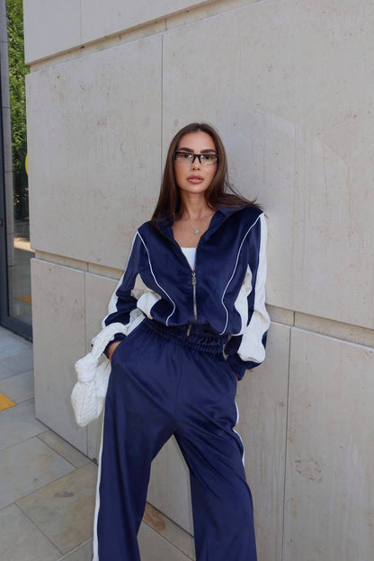 Navy and white velour tracksuit "Freay" - close up standing view