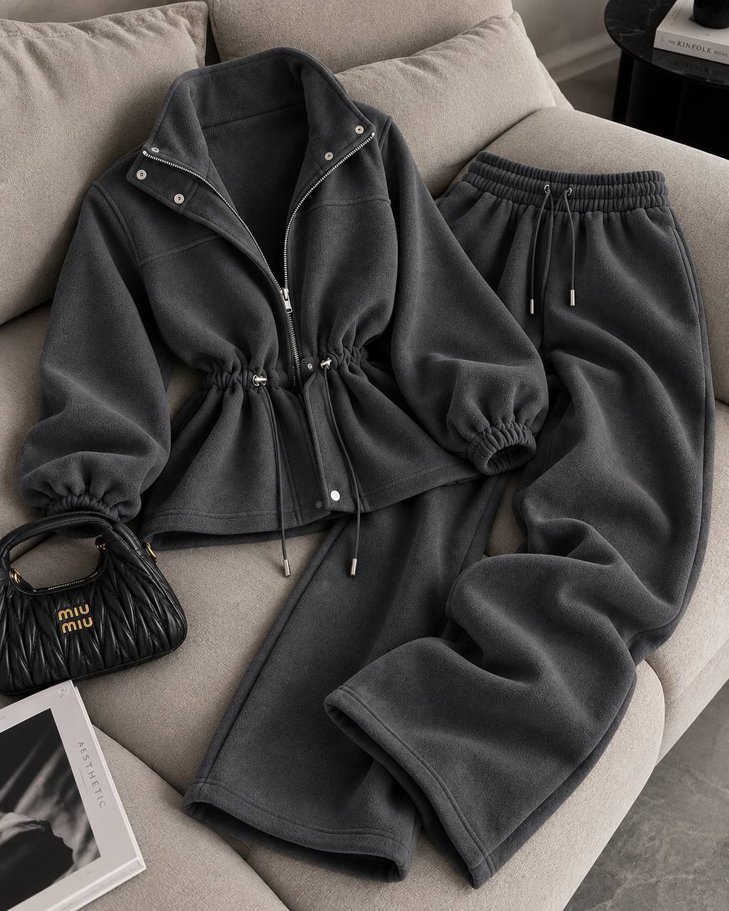 Graphite fleece tracksuit "FreeStyle" - flat lay of zip jacket with high collar, drawstring waist and wide-leg trousers