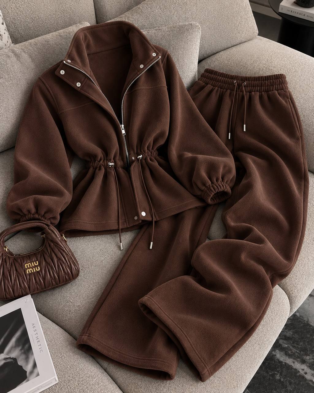 Chocolate brown fleece tracksuit "FreeStyle" - flat lay of zip jacket with drawstring waist and wide-leg trousers