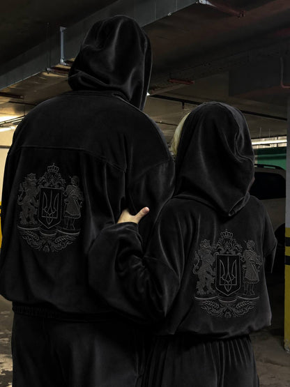 Sport Suit "Gerb Velour" Black Men – sport suit black velour tracksuit with coat of arms embroidery for men, photo 2