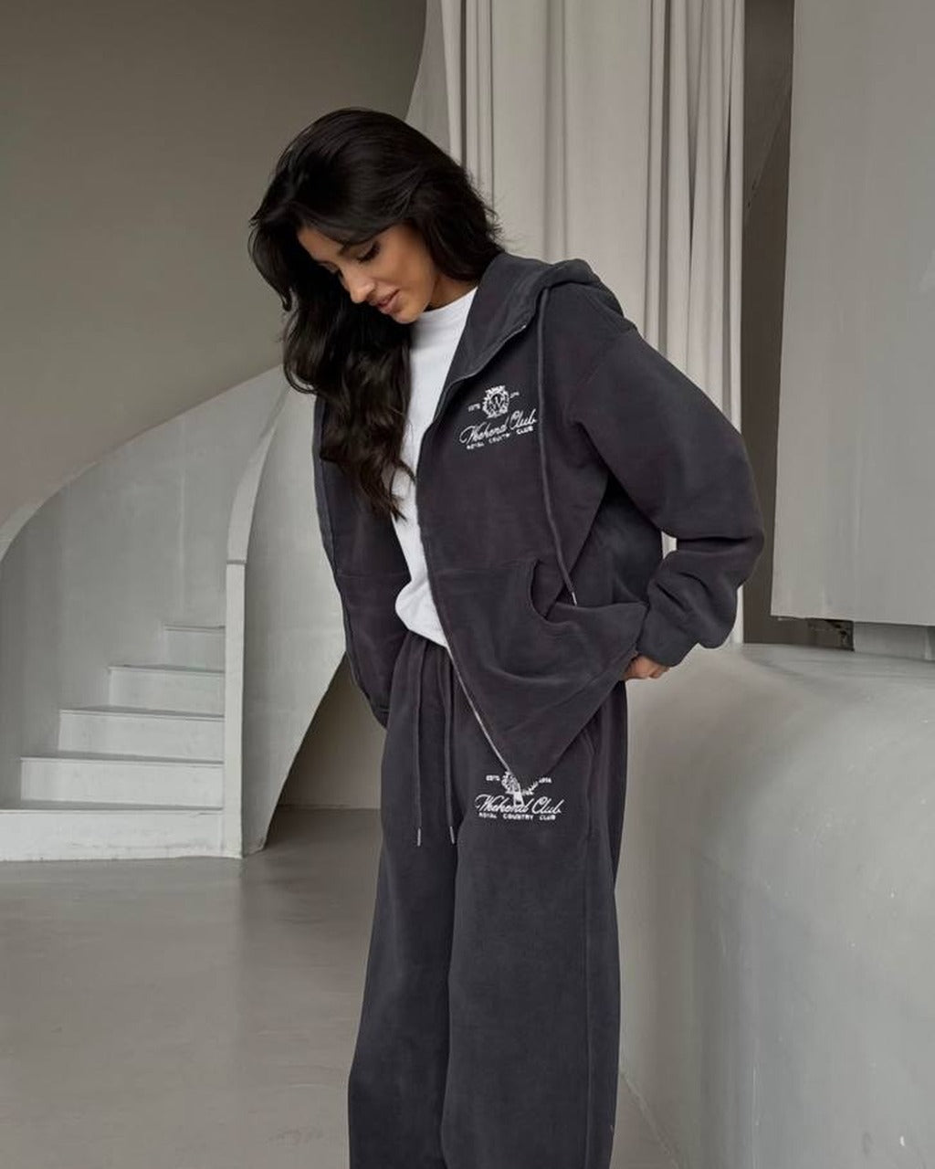 Graphite oversized fleece hoodie and wide trousers, side view