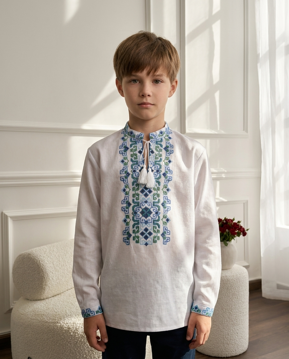 Blue boys' vyshyvanka with traditional Ukrainian embroidered ornament and decorative neckline tassels, comfortable everyday and festive wear for kids