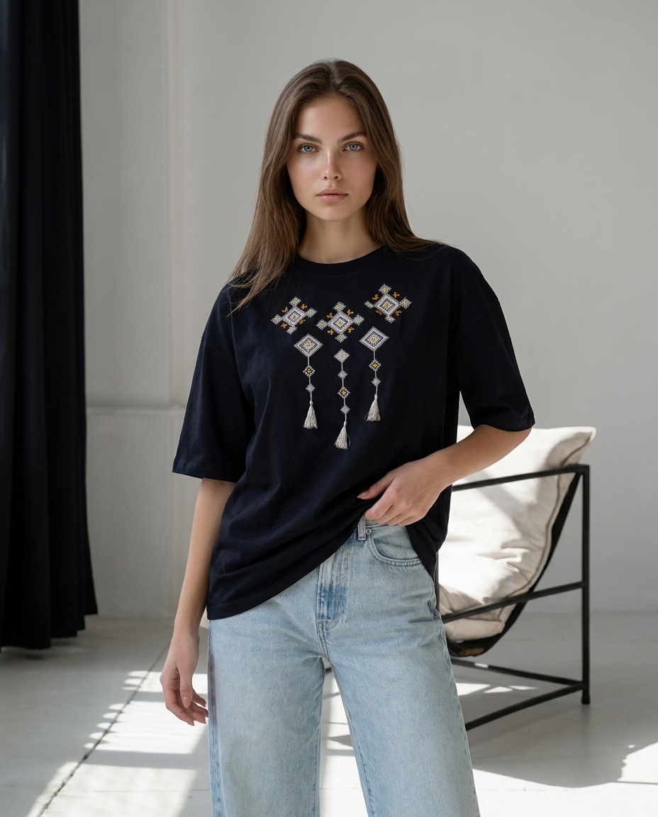 Black oversized cotton t-shirt with geometric rhombus-pattern Ukrainian embroidery, photo 2