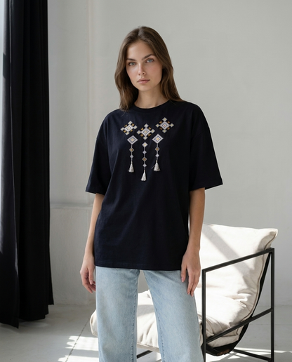 Black oversized cotton t-shirt with geometric rhombus-pattern Ukrainian embroidery