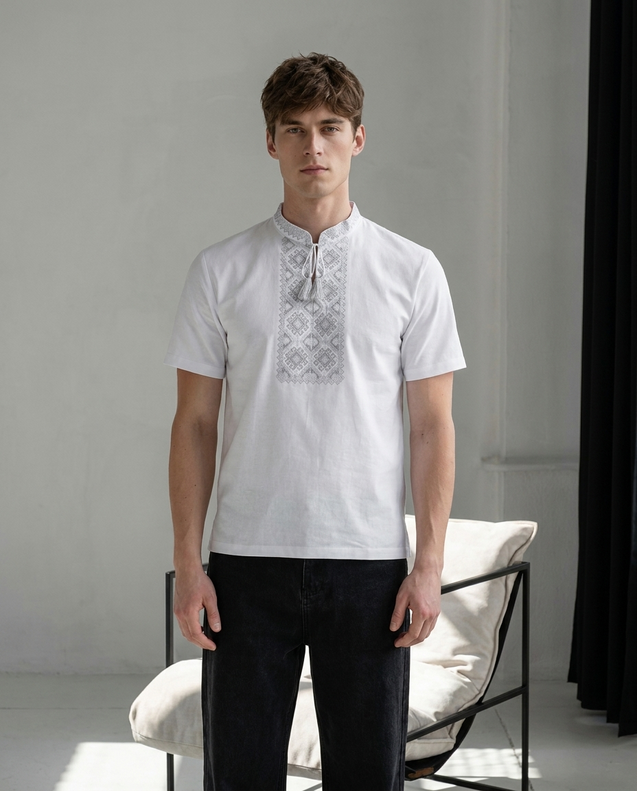 White and gray embroidered cotton t-shirt with geometric Ukrainian ornament