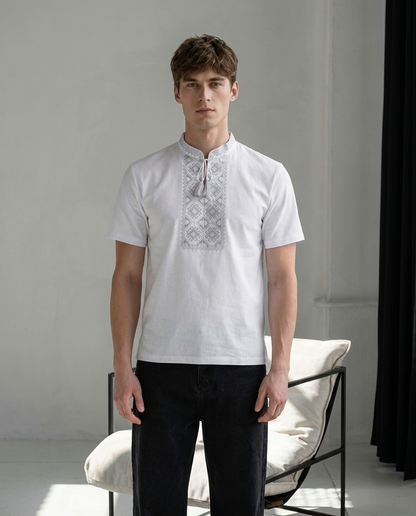 White and gray embroidered cotton t-shirt with geometric Ukrainian ornament