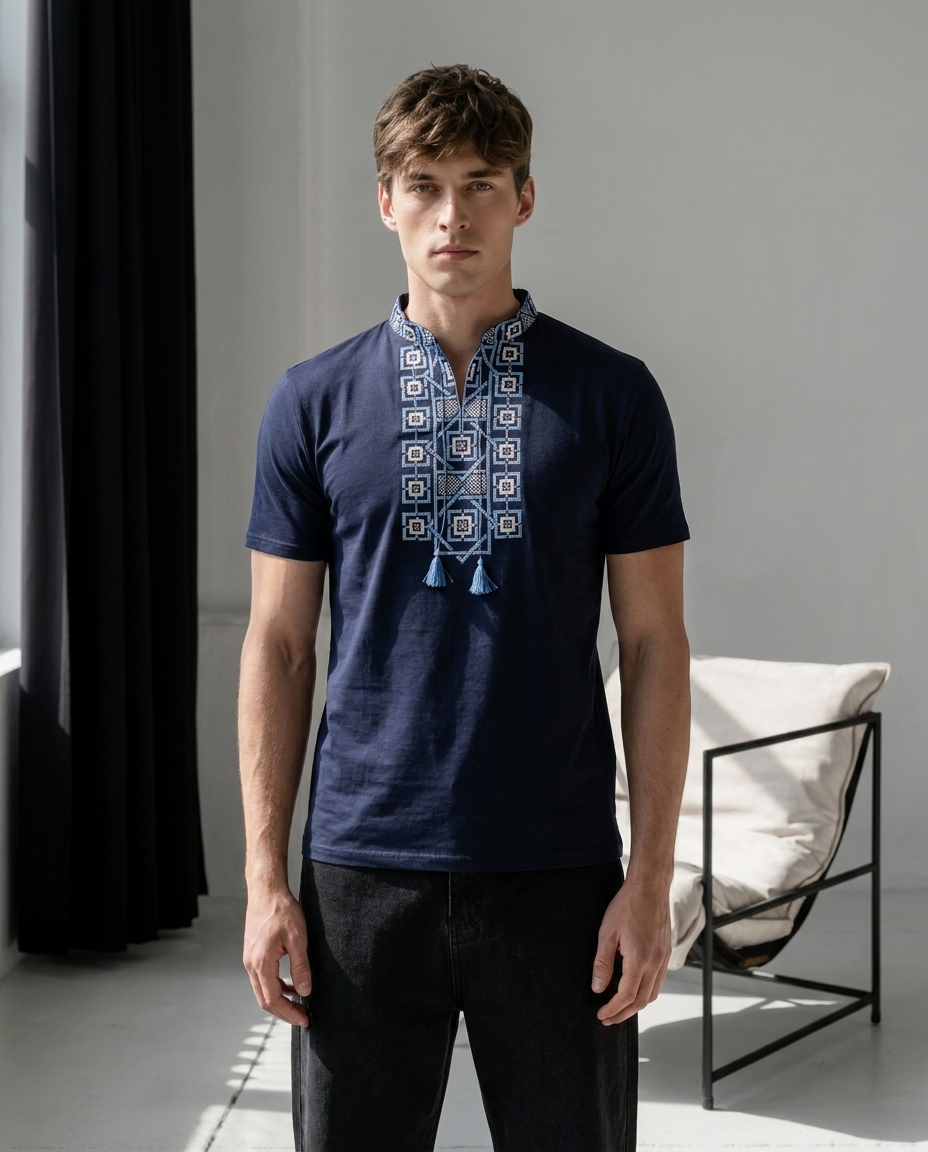 Blue embroidered cotton t-shirt with geometric Ukrainian ornament — men's vyshyvanka-style top