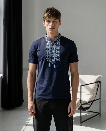 Blue embroidered cotton t-shirt with geometric Ukrainian ornament — men's vyshyvanka-style top