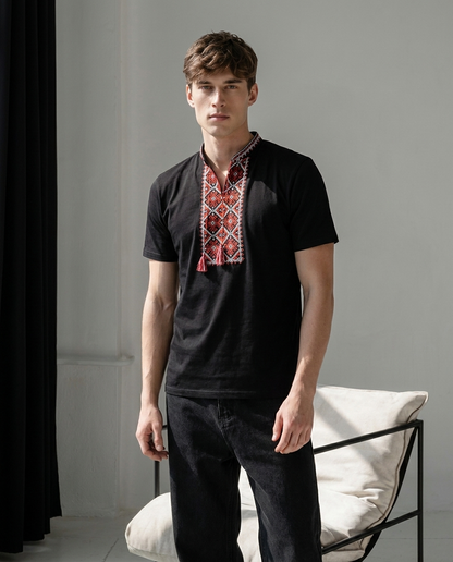 Red embroidered cotton t-shirt with geometric Ukrainian ornament