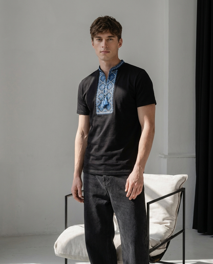 White and blue embroidered cotton t-shirt with geometric Ukrainian ornament