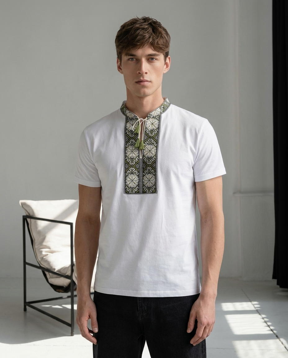 White and gray embroidered cotton t-shirt with geometric Ukrainian ornament