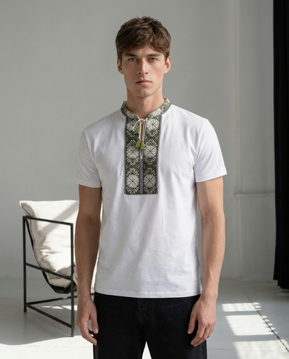 White and gray embroidered cotton t-shirt with geometric Ukrainian ornament