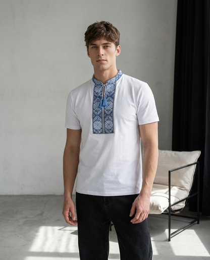 White and blue embroidered cotton t-shirt with geometric Ukrainian ornament — men's vyshyvanka-style top