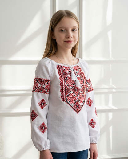 Vyshyvanka "Maryna" red – blouse white, red with geometric embroidery