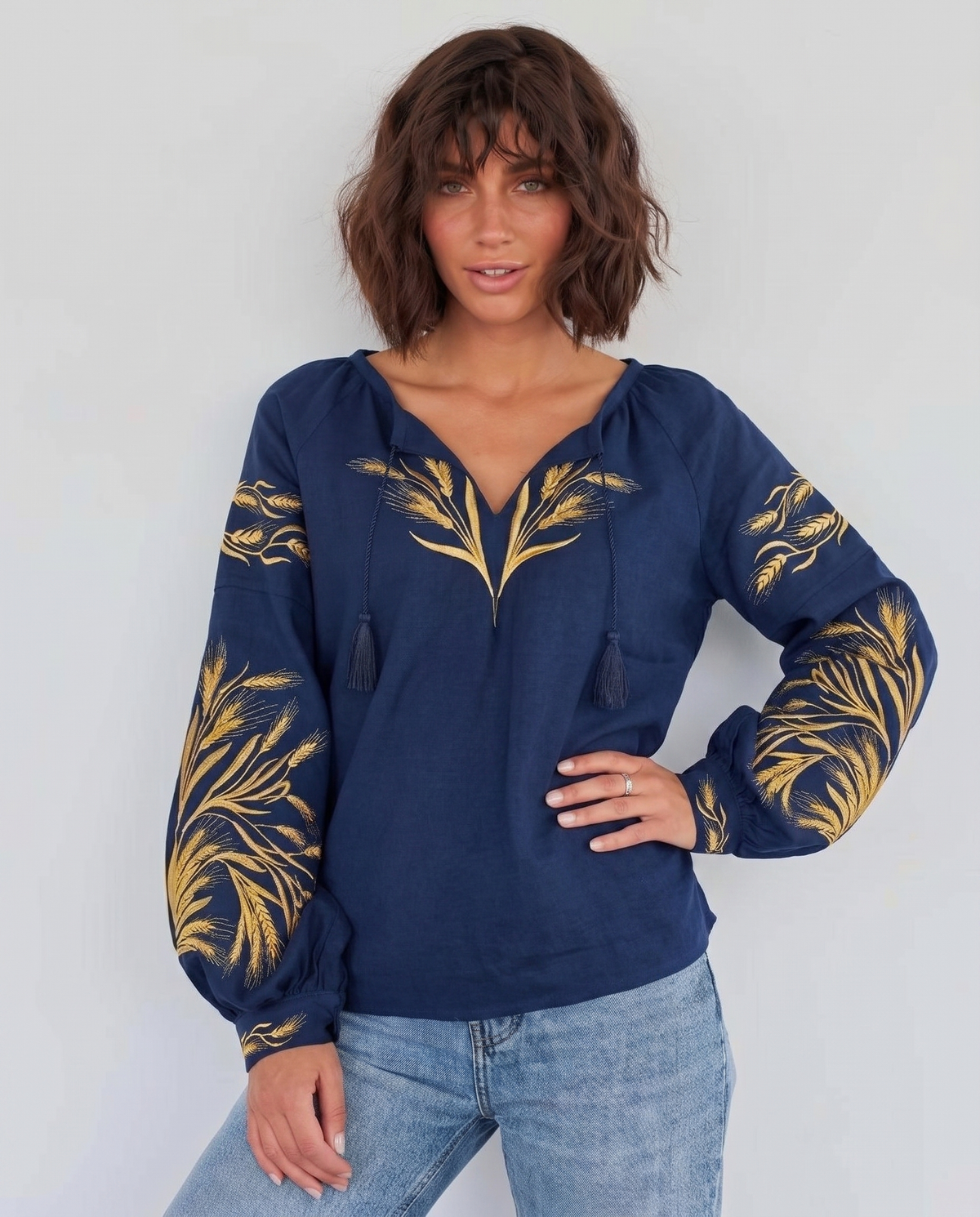 Dark blue embroidered vyshyvanka blouse with wheat ear Ukrainian ornament, women's long sleeve, photo 2
