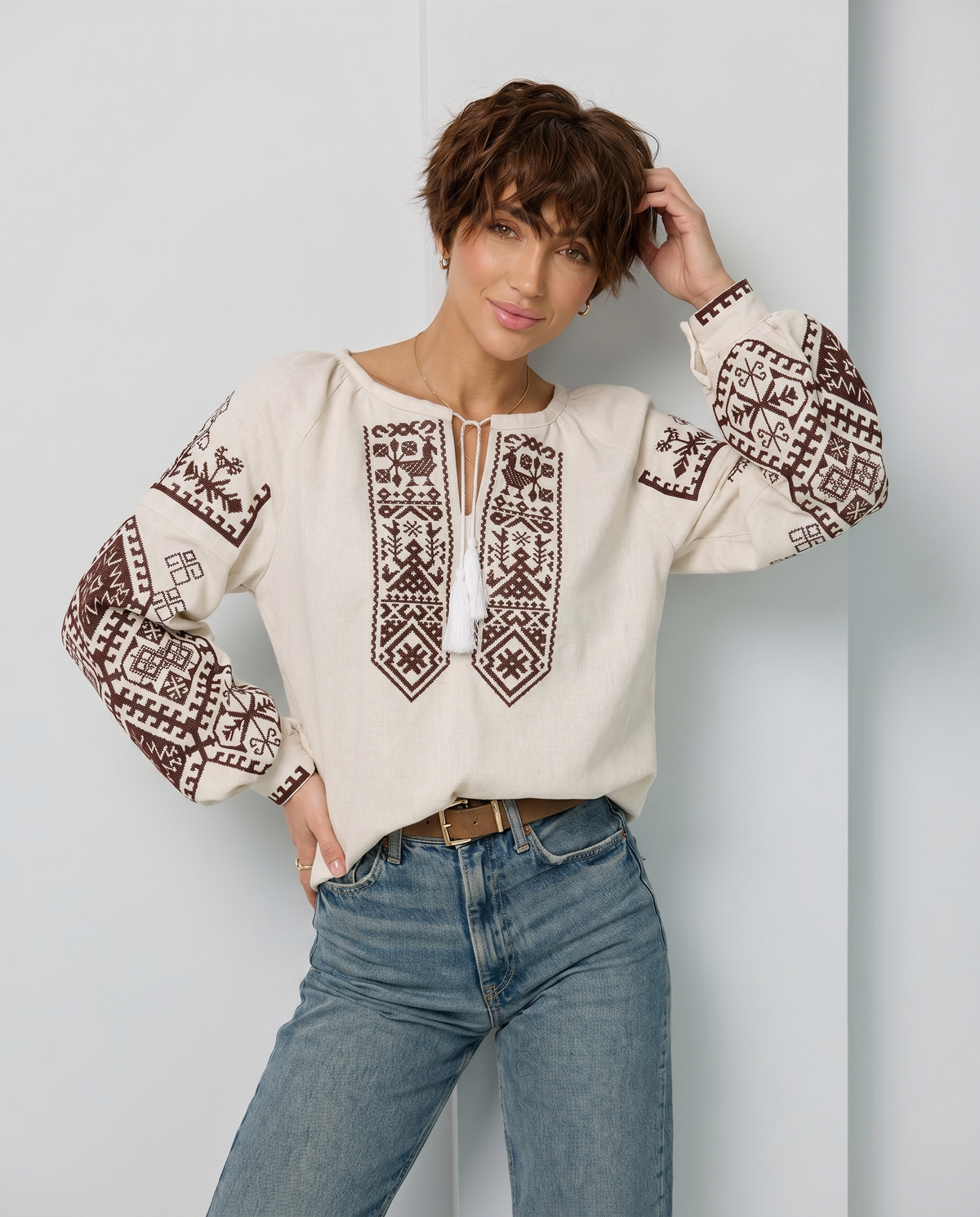 Beige embroidered vyshyvanka blouse with traditional Ukrainian ornament, women's long sleeve, photo 2