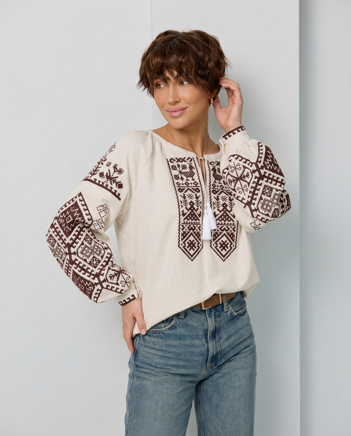 Beige embroidered vyshyvanka blouse with traditional Ukrainian ornament, women's long sleeve, photo 3