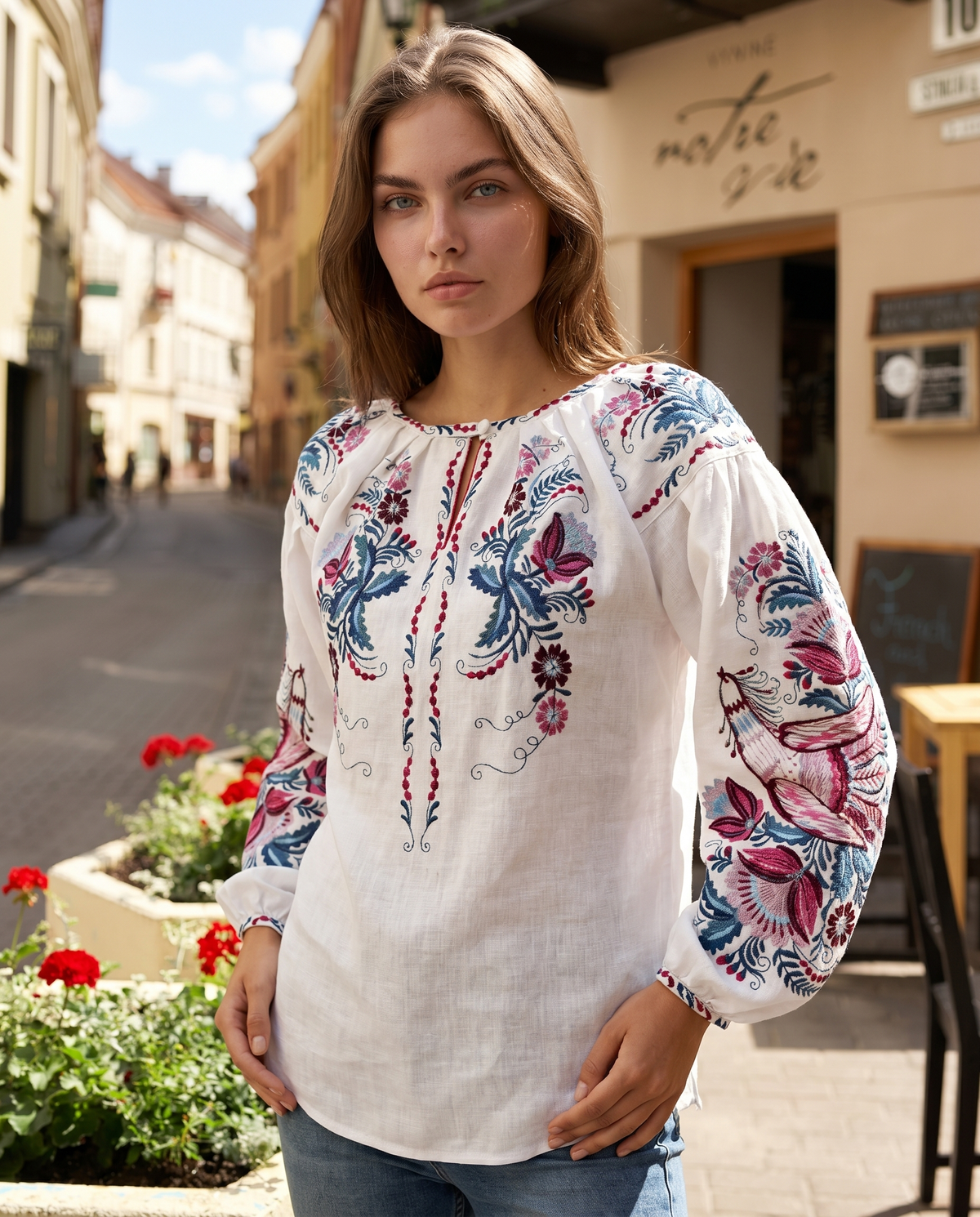 White embroidered vyshyvanka blouse with traditional Ukrainian ornament, women's long sleeve, photo 3