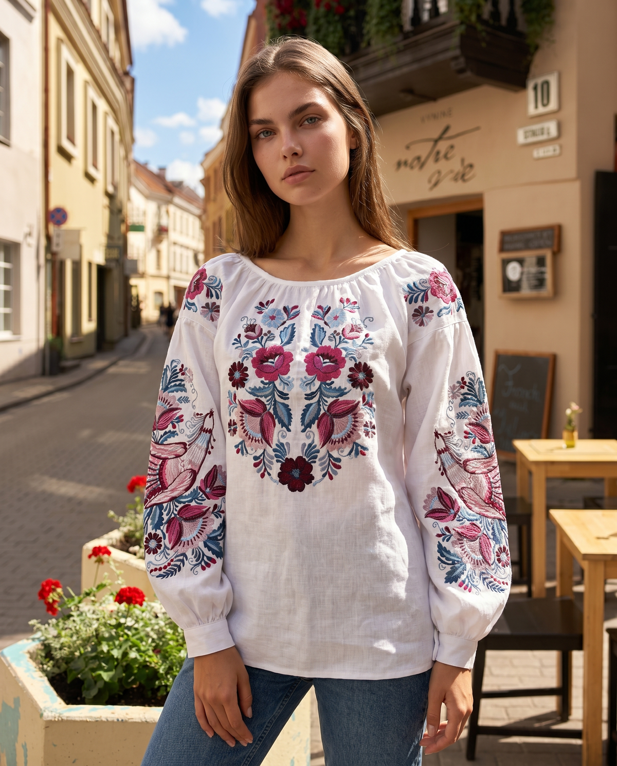 White embroidered vyshyvanka blouse with traditional Ukrainian ornament, women's long sleeve, photo 2