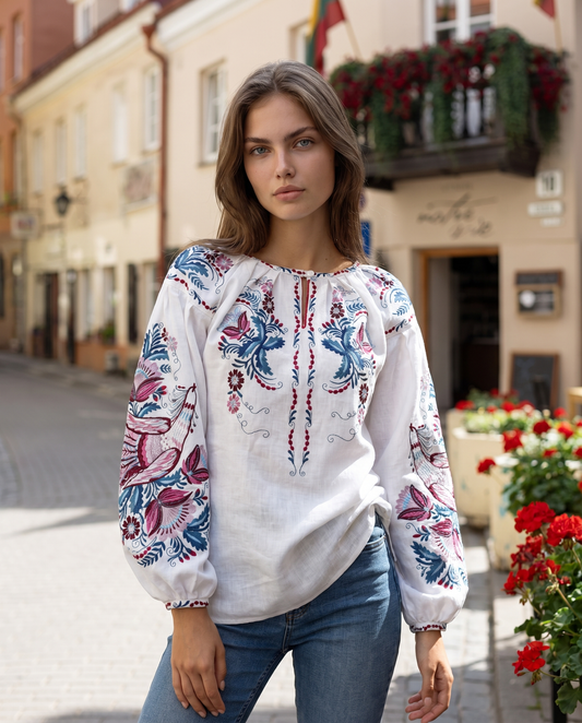 White embroidered vyshyvanka blouse with traditional Ukrainian ornament, women's long sleeve