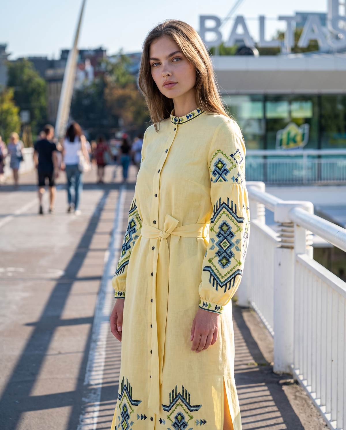 Yellow embroidered linen vyshyvanka dress with geometric Ukrainian ornament, women's long sleeve, photo 3