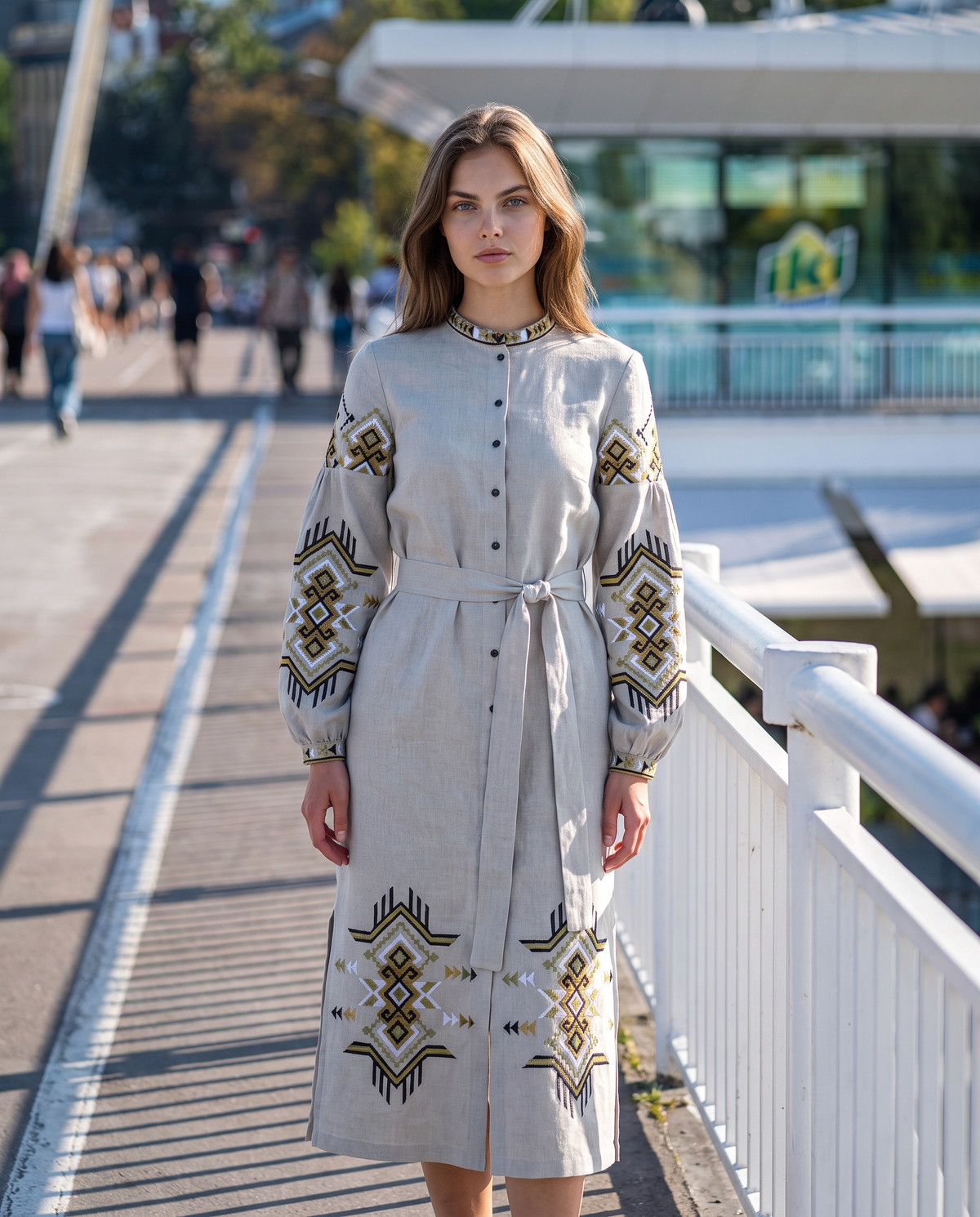 Grey-green embroidered linen vyshyvanka dress with geometric Ukrainian ornament, women's long sleeve, photo 2
